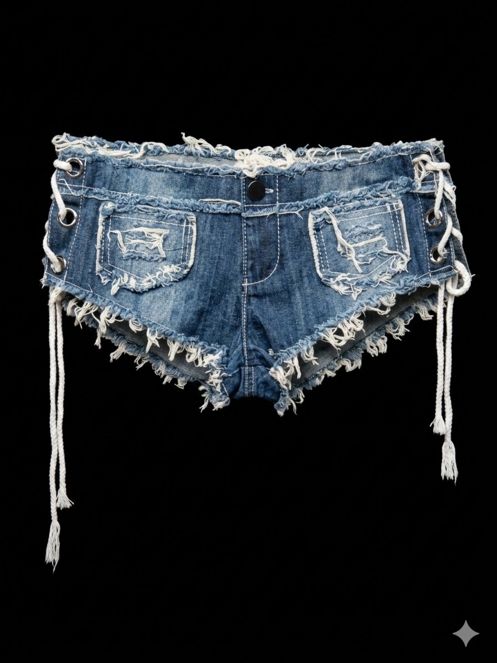 Frayed Lace-Up Distressed Denim Shorts - Blue